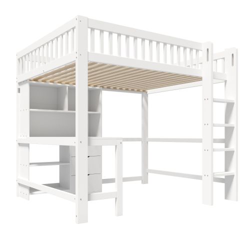 Lit Mezzanine Enfant 140x200 Cm Avec Bureau, Rangements, Échelle, 3 Tiroirs, Blanc