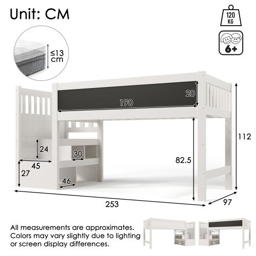 Lit Mezzanine Enfant 90x200 Cm Avec Tableau Blanc Et Tableau Noir, Sommier à Lattes, Blanc