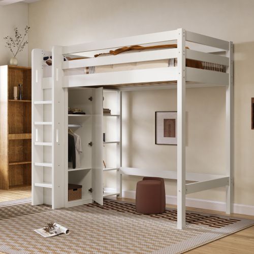 Lit Mezzanine Enfant 90x200 Cm Avec Armoire Et 6 Étagères, Blanc