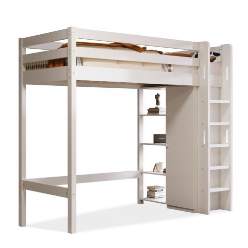 Lit Mezzanine Enfant 90x200 Cm Avec Armoire Et 6 Étagères, Blanc