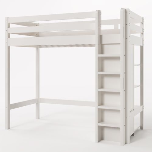 Lit Mezzanine Enfant 90x200 Cm Avec Armoire Et 6 Étagères, Blanc