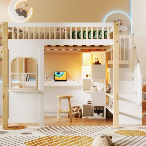 Lit Mezzanine Enfant 140x200 Cm Avec LED, Échelle, Bureau, Prise De Courant, Blanc Et Naturel