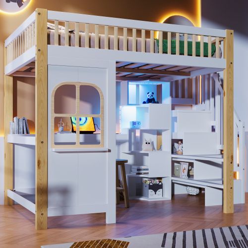 Lit Mezzanine Enfant 140x200 Cm Avec LED, Échelle, Bureau, Prise De Courant, Blanc Et Naturel