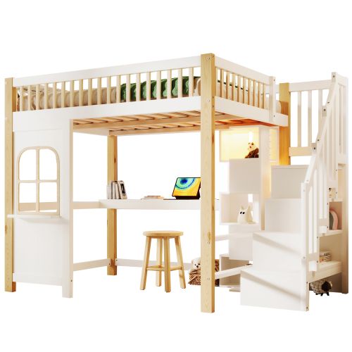 Lit Mezzanine Enfant 140x200 Cm Avec LED, Échelle, Bureau, Prise De Courant, Blanc Et Naturel