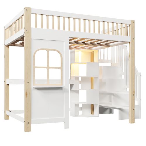 Lit Mezzanine Enfant 140x200 Cm Avec LED, Échelle, Bureau, Prise De Courant, Blanc Et Naturel