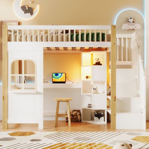 Lit Mezzanine Enfant 90x200 Cm Avec LED, Échelle, Bureau, Prise De Courant, Blanc Et Naturel