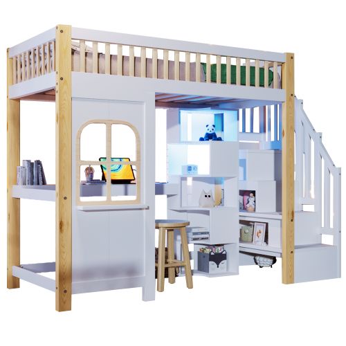 Lit Mezzanine Enfant 90x200 Cm Avec LED, Échelle, Bureau, Prise De Courant, Blanc Et Naturel