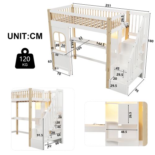 Lit Mezzanine Enfant 90x200 Cm Avec LED, Échelle, Bureau, Prise De Courant, Blanc Et Naturel