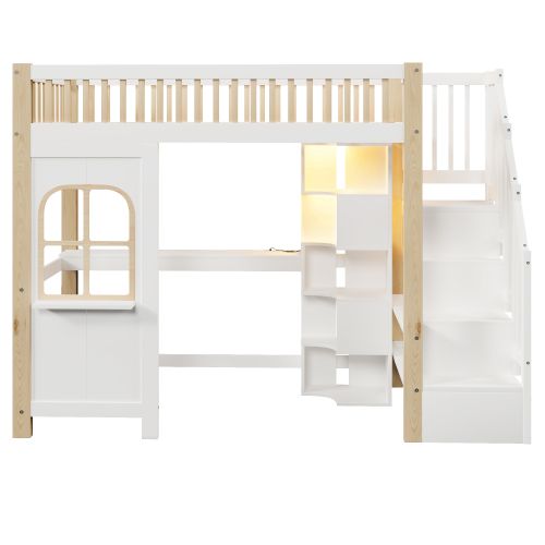 Lit Mezzanine Enfant 90x200 Cm Avec LED, Échelle, Bureau, Prise De Courant, Blanc Et Naturel