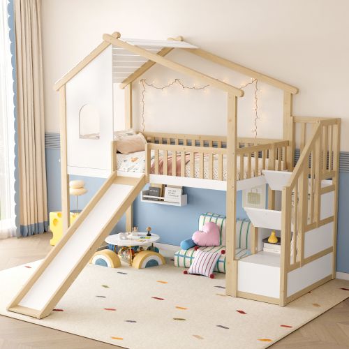 Lit Mezzanine Enfant 90x200 Cm Avec Échelle, Fenêtre, Toboggan, Barrière, Naturel Et Blanc