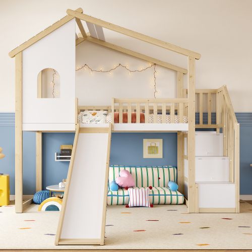 Lit Mezzanine Enfant 90x200 Cm Avec Échelle, Fenêtre, Toboggan, Barrière, Naturel Et Blanc