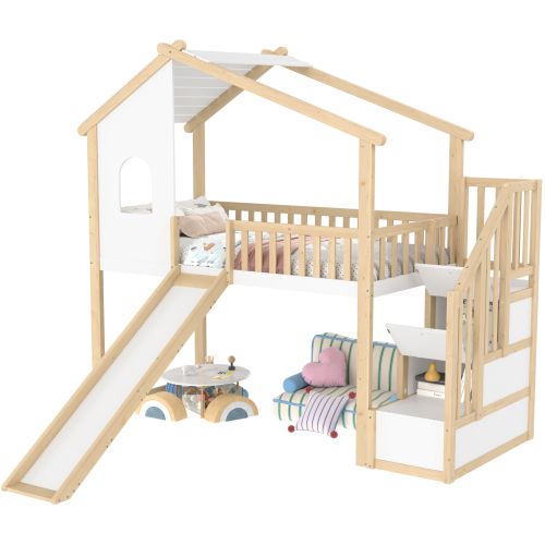 Lit Mezzanine Enfant 90x200 Cm Avec Échelle, Fenêtre, Toboggan, Barrière, Naturel Et Blanc