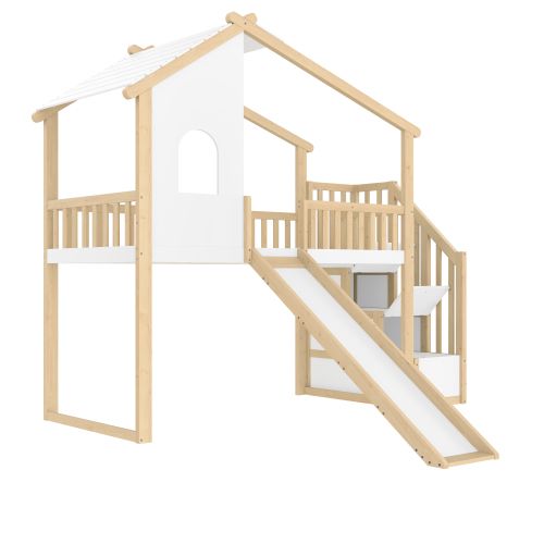 Lit Mezzanine Enfant 90x200 Cm Avec Échelle, Fenêtre, Toboggan, Barrière, Naturel Et Blanc