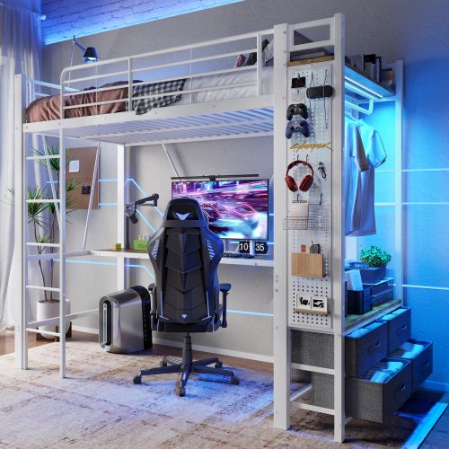 Lit Mezzanine 90x200 Cm En Fer Avec Bureau, Étendoir, 4 Tiroirs, Prise USB + Type-c, LED, Blanc