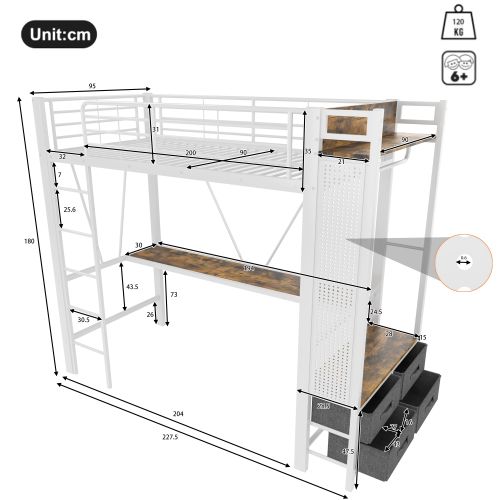 Lit Mezzanine 90x200 Cm En Fer Avec Bureau, Étendoir, 4 Tiroirs, Prise USB + Type-c, LED, Blanc