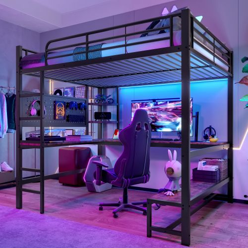 Lit Mezzanine 140x200 Cm En Fer Avec Bureau, Rampe, Escabeau, Prise USB + Type-c, LED, Noir