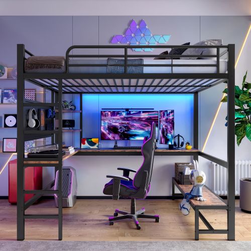 Lit Mezzanine 140x200 Cm En Fer Avec Bureau, Rampe, Escabeau, Prise USB + Type-c, LED, Noir
