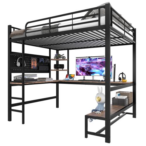 Lit Mezzanine 140x200 Cm En Fer Avec Bureau, Rampe, Escabeau, Prise USB + Type-c, LED, Noir