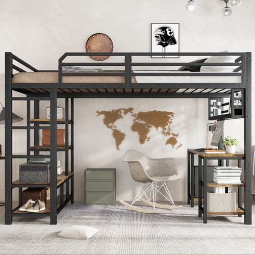 Lit Mezzanine 120x200cm, Avec Bureau Et Cloison, Marches, Structure En Fer, Bois Foncé + Noir