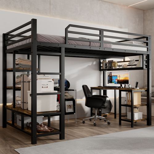 Lit Mezzanine 120x200cm, Avec Bureau Et Cloison, Marches, Structure En Fer, Bois Foncé + Noir