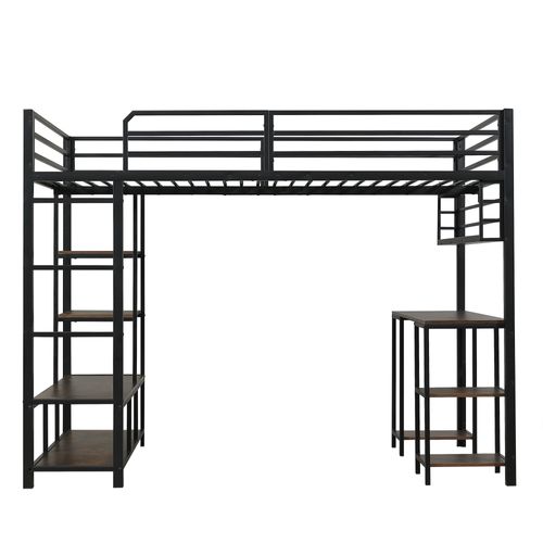 Lit Mezzanine 120x200cm, Avec Bureau Et Cloison, Marches, Structure En Fer, Bois Foncé + Noir