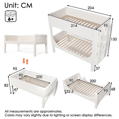 Lit Superposé 90x200cm enfant Forme Luge, Séparable En 2 Lits, Avec barrière, bois et MDF, blanc
