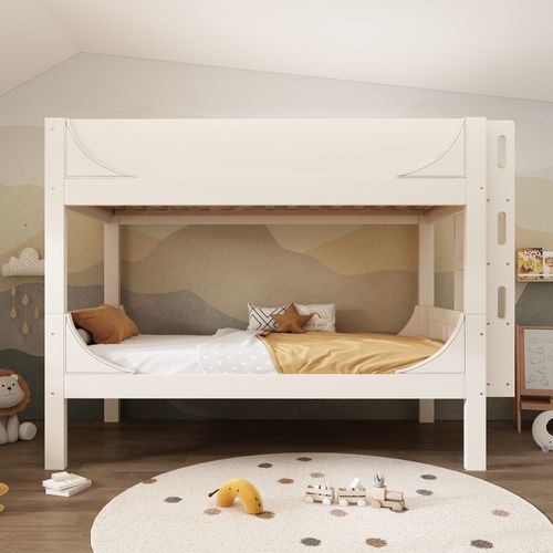 Lit Superposé 90x200cm enfant Forme Luge, Séparable En 2 Lits, Avec barrière, bois et MDF, blanc