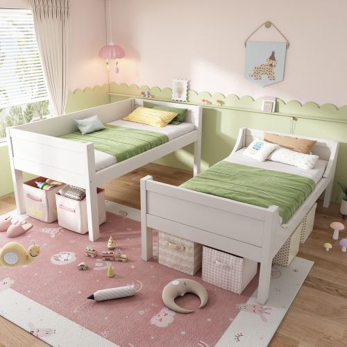 Lit Superposé 90x200cm enfant Forme Luge, Séparable En 2 Lits, Avec barrière, bois et MDF, blanc