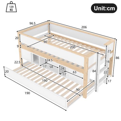 Lit Enfant 90x200 Cm Avec Lit Gigogne 90 X 190 Cm, Multiples Rangements, Bois Naturel + Blanc