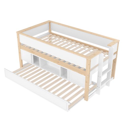Lit Enfant 90x200 Cm Avec Lit Gigogne 90 X 190 Cm, Multiples Rangements, Bois Naturel + Blanc
