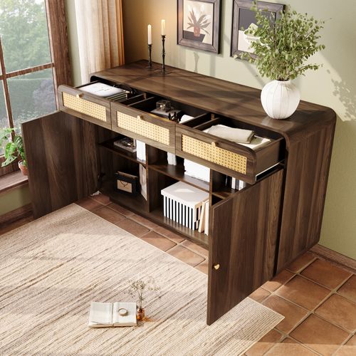 Buffet 120x40x85 Cm, 3 Tiroirs En Rotin Et Poignées Dorées, 2 Portes, 2 Niches, Coloris Noyer