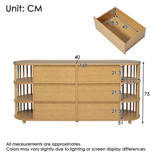 Commode 160x40x75cm, 6 Tiroirs, Compartiments Ouverts, Avec Colonnes Et Étagères En Bambou, Chêne