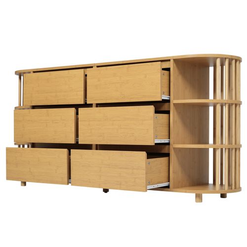 Commode 160x40x75cm, 6 Tiroirs, Compartiments Ouverts, Avec Colonnes Et Étagères En Bambou, Chêne