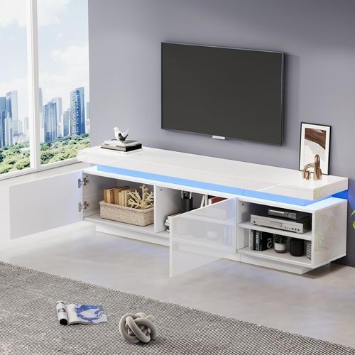 Meuble TV LED Moderne 170x35x50cm, Adapté Aux Téléviseurs De 70 Pouces, 2 Portes, Blanc Brillant
