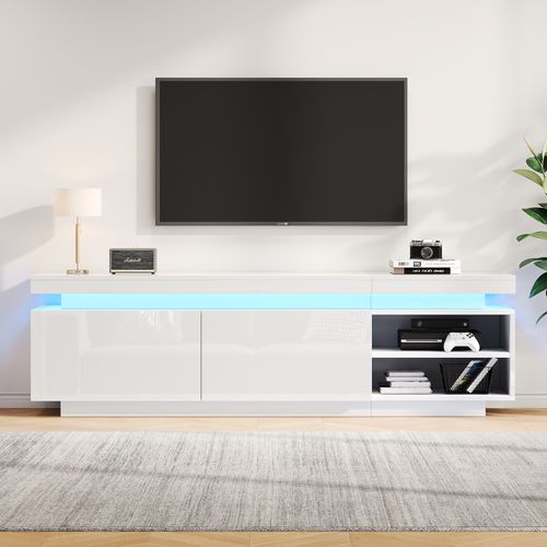 Meuble TV LED Moderne 170x35x50cm, Adapté Aux Téléviseurs De 70 Pouces, 2 Portes, Blanc Brillant