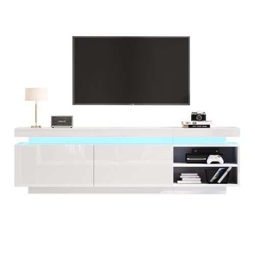 Meuble TV LED Moderne 170x35x50cm, Adapté Aux Téléviseurs De 70 Pouces, 2 Portes, Blanc Brillant