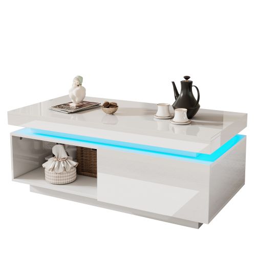 Table Basse Moderne Brillante 100x50x40cm, Avec Éclairage LED, 1 Tiroir, Blanche