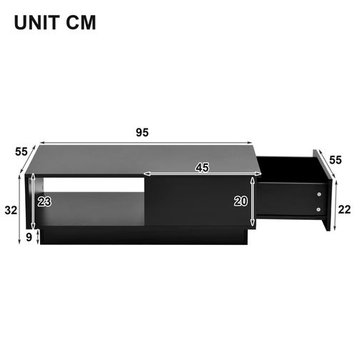 Table Basse Rectangulaire Moderne 95x55x32cm, Avec Bande Lumineuse LED 16 Couleurs, 1 Tiroir, Noir