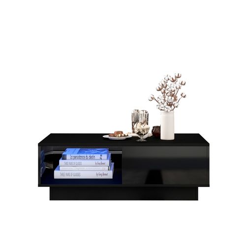 Table Basse Rectangulaire Moderne 95x55x32cm, Avec Bande Lumineuse LED 16 Couleurs, 1 Tiroir, Noir