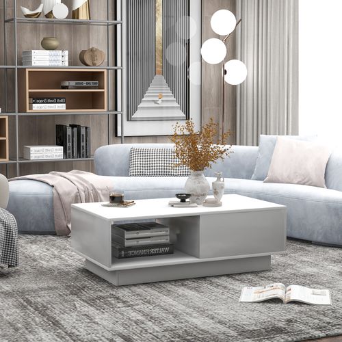 Table Basse Rectangulaire Moderne 95x55x32cm, Avec Bande Lumineuse LED 15 Couleurs, 1 Tiroir, Blanc