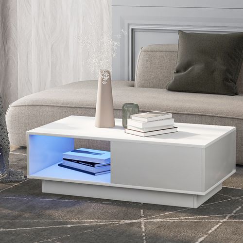 Table Basse Rectangulaire Moderne 95x55x32cm, Avec Bande Lumineuse LED 15 Couleurs, 1 Tiroir, Blanc
