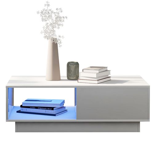 Table Basse Rectangulaire Moderne 95x55x32cm, Avec Bande Lumineuse LED 15 Couleurs, 1 Tiroir, Blanc