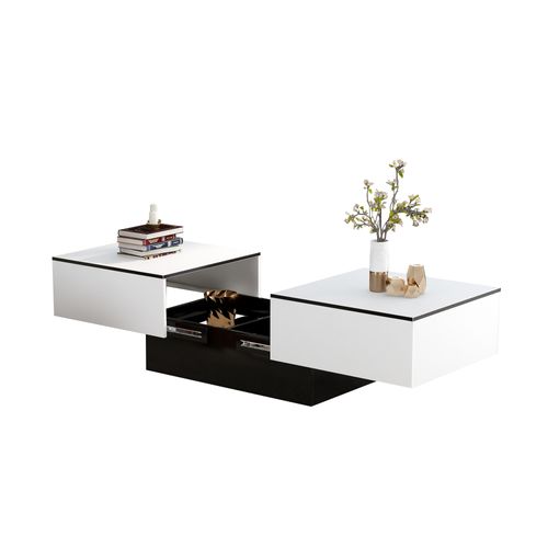 Table Basse Moderne 102/159x60x40cm, Rétractable, Avec Rangement, Blanc + Noir