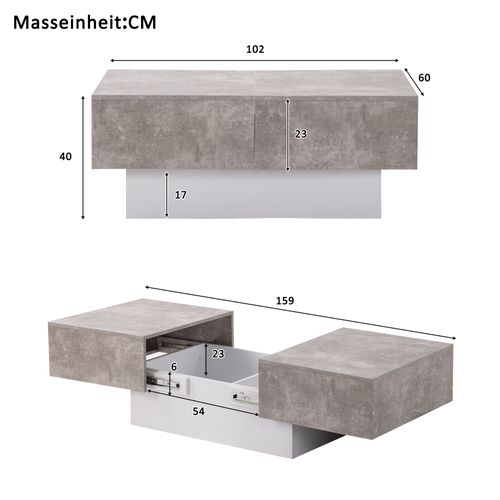 Table Basse Moderne 102/159x60x40cm, Rétractable, Avec Rangement, Gris + Blanc