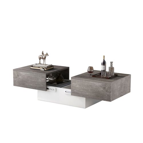 Table Basse Moderne 102/159x60x40cm, Rétractable, Avec Rangement, Gris + Blanc