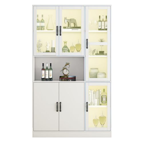 Vitrine LED Moderne 120x40x200 cm, 4 Portes Acryliques, 2 Portes Bois, 1 Compartiment Ouvert, Blanc