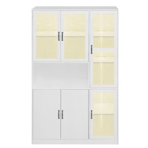 Vitrine LED Moderne 120x40x200 cm, 4 Portes Acryliques, 2 Portes Bois, 1 Compartiment Ouvert, Blanc