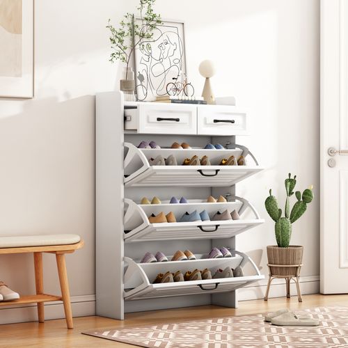 Meuble à Chaussures 80x23,5x131cm, 3 Portes, 2 Tiroirs, Panneaux De Particules, Blanc