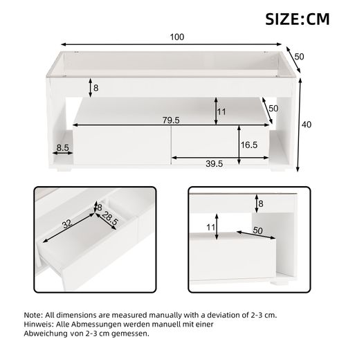 Table Basse LED Moderne 100x50x40cm, 2 Tiroirs, Panneaux De Particules, Finition Brillante, Blanc