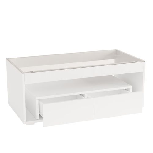 Table Basse LED Moderne 100x50x40cm, 2 Tiroirs, Panneaux De Particules, Finition Brillante, Blanc